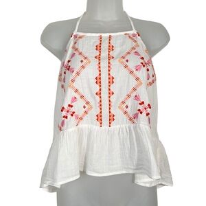 O'Neill White Pink Embroidered Lightweight Halter Tie Peplum Hem Tank Top Small